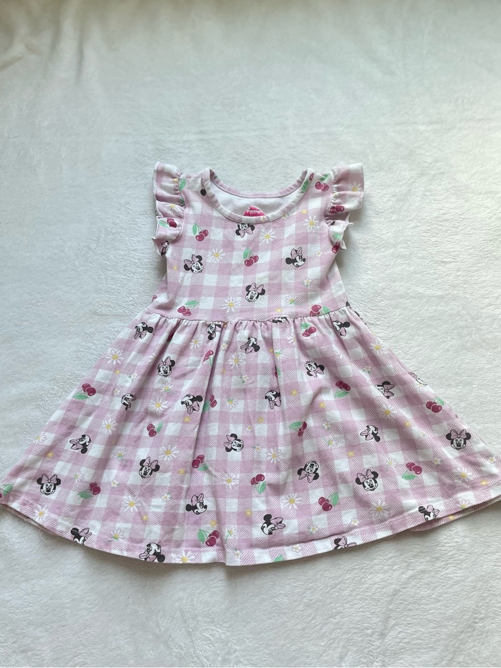 Girls Pink Gingham Minnie & Cherry Flutter Sleeve Dress